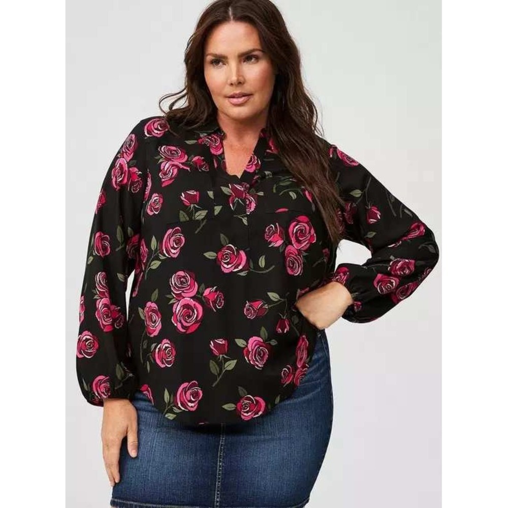 Torrid Harper Challis Floral Blouse Women's 3X 22-24 Black Collared Long Sleeve‎